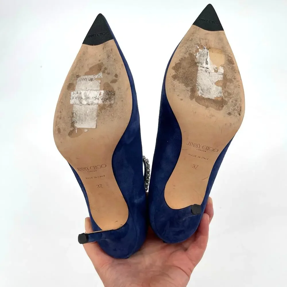 Jimmy Choo Blaize 100 Navy Blue Suede Ankle Bootie Crystal Strap size IT 37